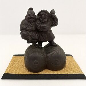 Vintage 70s Japanese Clay Bizen Ware Ebisu Daikoku Lucky God Statue 7inx3.5in